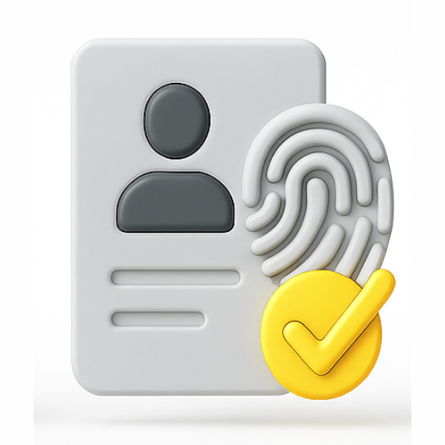 3D access control icon showing an ID card with a fingerprint and yellow verification checkmark, rendered in grey, white, and yellow.
