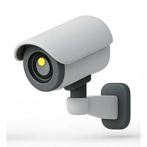 3D CCTV camera icon in grey and white with a yellow lens highlight, symbolizing video surveillance on a clean white background.