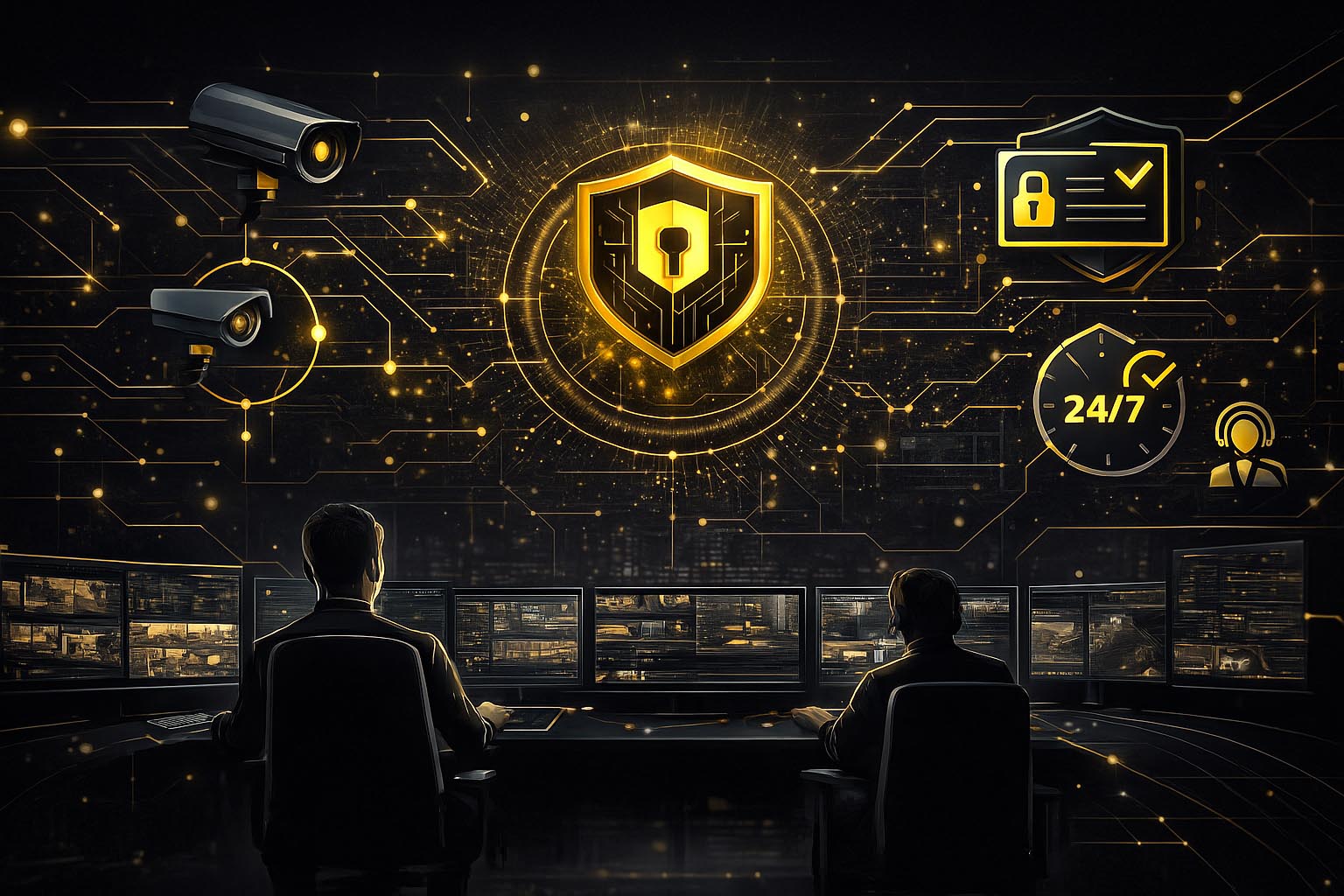 Cybersecurity control room with two operators monitoring surveillance feeds, highlighted by yellow digital icons of threat detection, access control, CCTV cameras, and 24/7 security support.