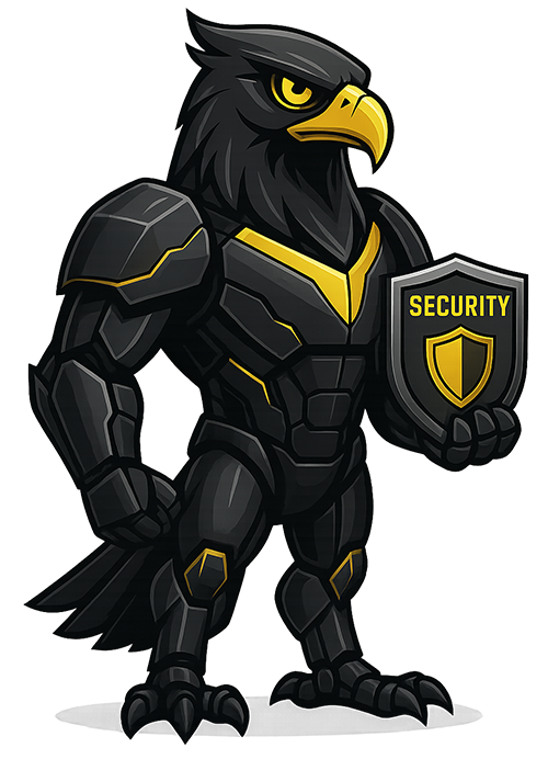 Standing futuristic robot eagle mascot in black and yellow armor holding a security badge, symbolizing strength, protection, and advanced security technology for Africa Security Projects.